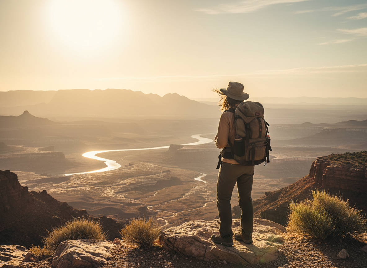 Traveler with backpack overlooking a vast landscape