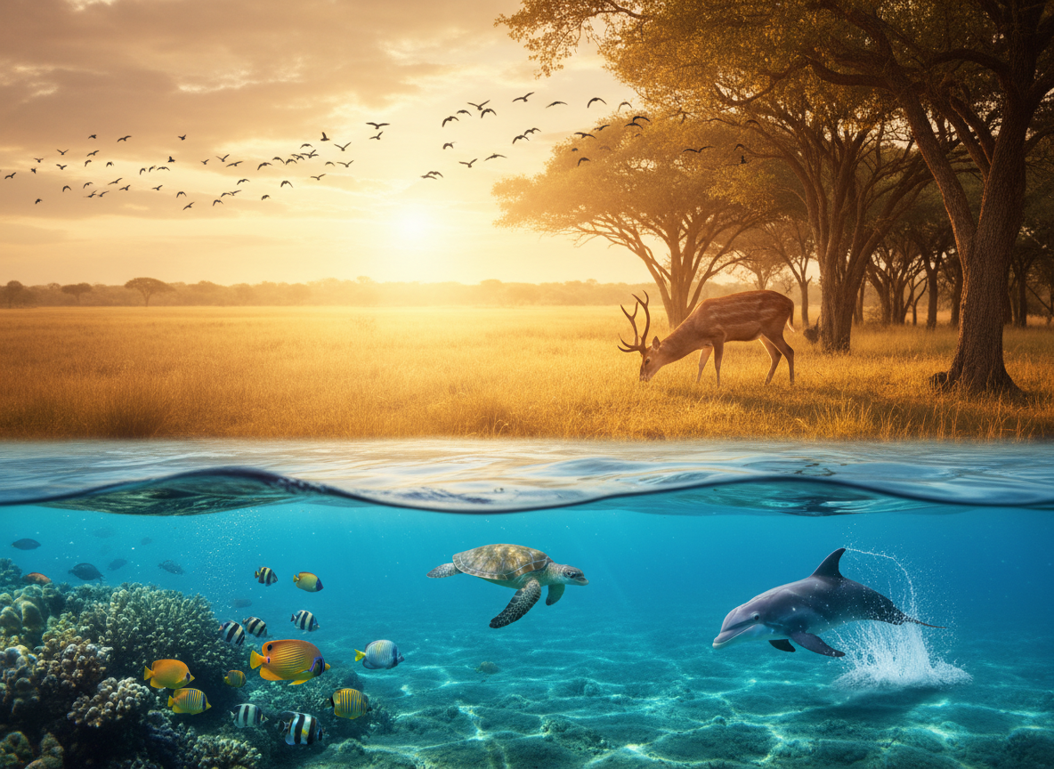 A stunning wildlife landscape scene with diverse animals — birds in flight over a misty savanna, a deer grazing near a forest edge, and marine life visible through crystal-clear shallow water in the foreground, golden hour lighting, photorealistic travel photography style