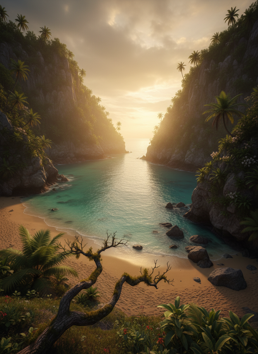 A secluded hidden beach with calm turquoise water framed by dramatic cliffs, golden light filtering through mist and lush tropical vegetation